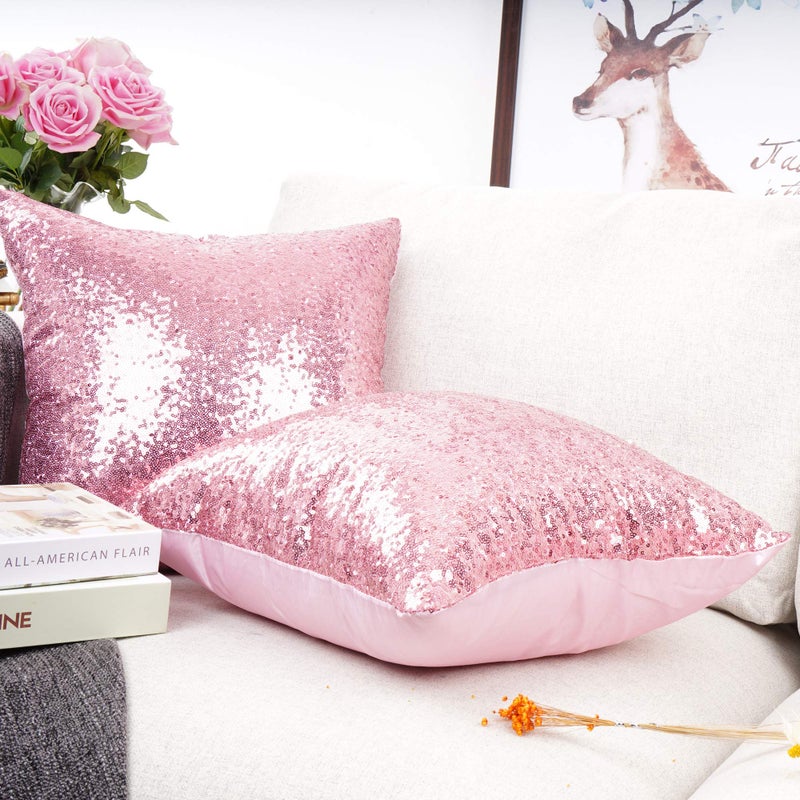 YOUR SMILE Pack of 2 New Luxury Series Pink Bling Decorative Glitzy Sequin & Comfy Satin Solid Throw Pillow Cover Cushion Case for Wedding/Christmas,18" x 18" - Image 3
